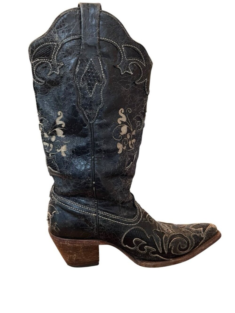 Corral Womens Size 7 M Black Genuine Lizard Leather Floral Inlay Cowgirl Boots - Picture 4 of 10